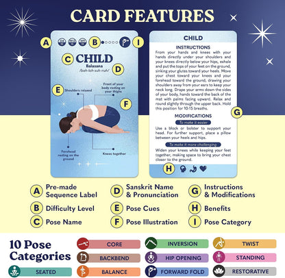 Zinsk 70 Premium Yoga Cards - Pose Flashcards with Beginner Instructions, Difficulty Levels, and Sequences - Deepen Your Practice with Alignment Cues, Modifications, Sanskrit Names & 10 Intentions