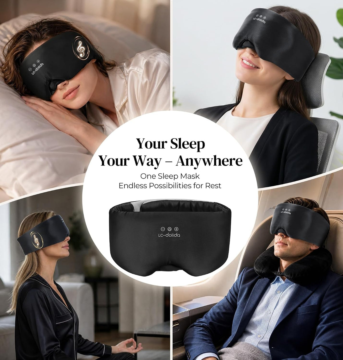LC-dolida 3D Silk Bluetooth Sleep Mask, Mulberry Silk Sleep Mask with Bluetooth Headphones, Bluetooth Eye Sleep Mask for Side Sleepers, Total Blackout Bluetooth Eye Mask for Women Men, Black