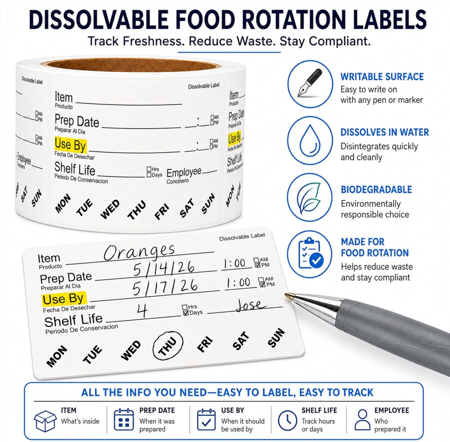 Water Dissolvable Food Labels, 2 x 3, 500/Roll, Food Rotation | Writable Rotation Stickers for Prep Date, Use By, Shelf Life, Restaurants, Kitchens, Fridge and Freezer Storage. Made in USA
