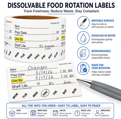 Water Dissolvable Food Labels, 2 x 3, 500/Roll, Food Rotation | Writable Rotation Stickers for Prep Date, Use By, Shelf Life, Restaurants, Kitchens, Fridge and Freezer Storage. Made in USA