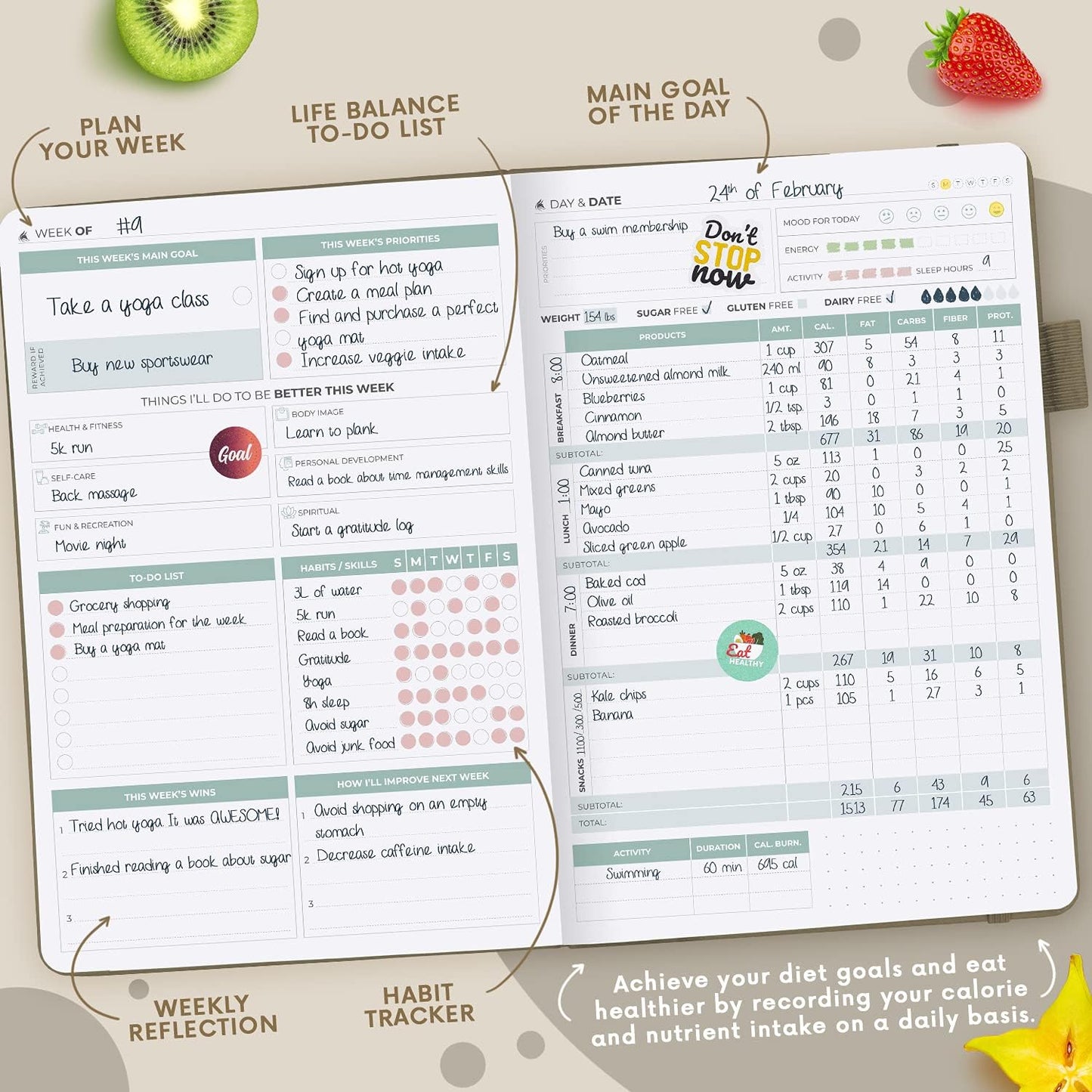 Clever Fox Wellness Planner & Food Journal for Weight Loss, A5 Orange | 5.8"x8.3" nutrition & exercise tracker for women tracking meals, diet & symptom diary, calorie counter notebook, stickers