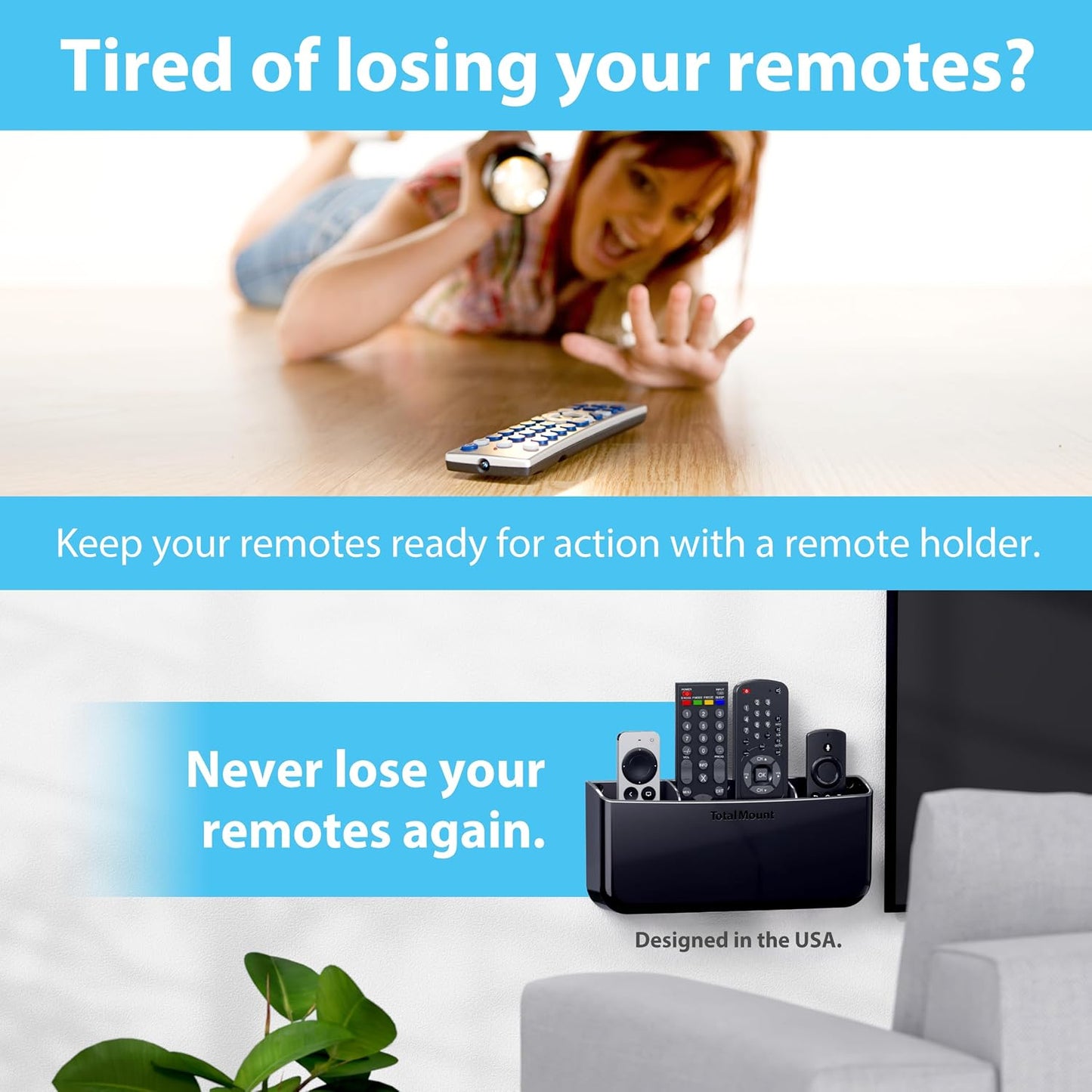 TotalMount Drop-Free Remote Holder – Removable Adhesive Strips – XL Black | Designed in the USA – Simply Put the Remotes In – No Tricky Magnet Alignment Needed (Holds 3 or 4 Remote Controls)