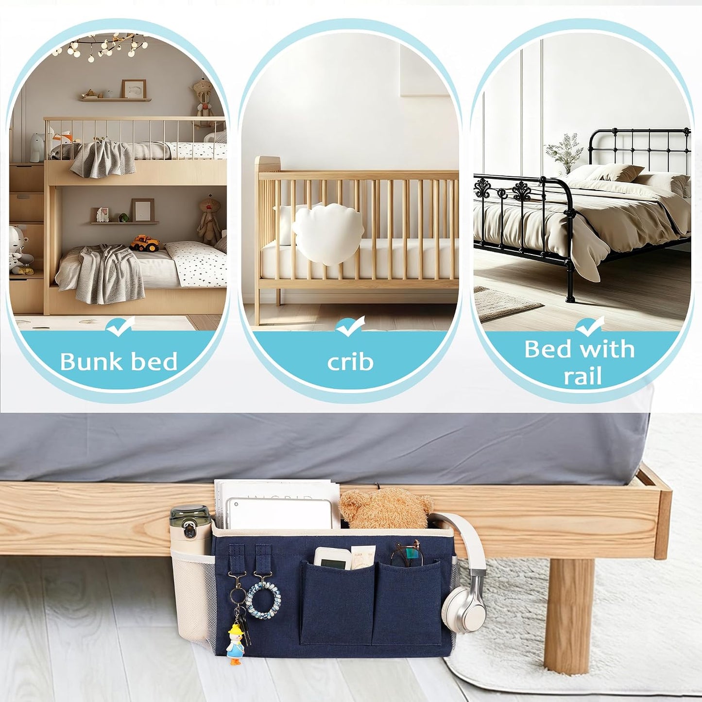 Bedside Caddy, Bedside Storage Bag Hanging Organizer for Bunk Dorm Bed Rail | Bed Caddy with Hooks, Top Bunks and Dorm Essentials for Water, Tissues, Tablets, Books, Phones, Remotes and Other Necessories