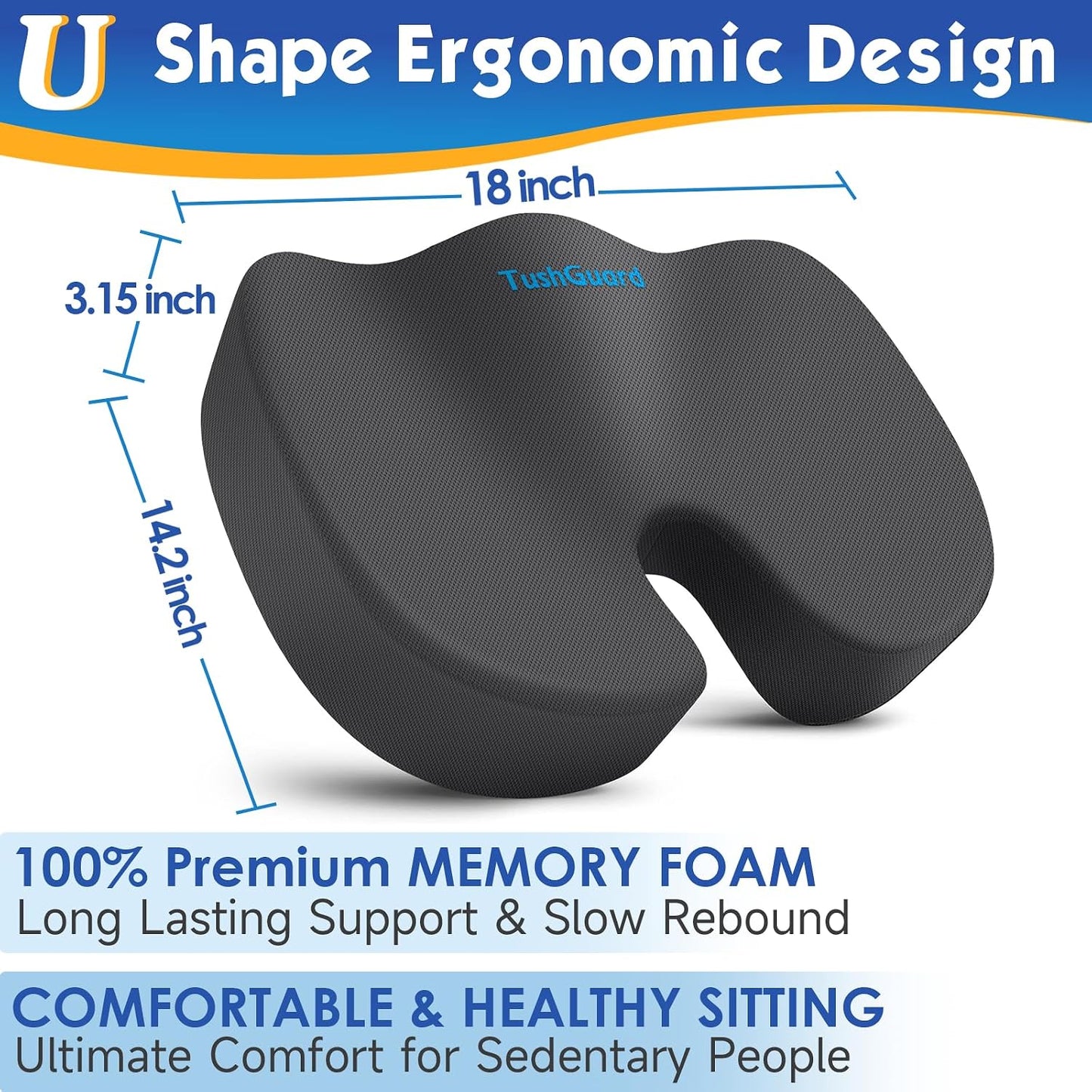TushGuard Seat Cushion for Office Chair, Car, Memory Foam, Black Large | For Back, Coccyx, Sciatica, Tailbone Pain, Ergonomic Design, Non-Slip, Desk Wheelchair Use, Supportive Butt Pillow, For Man