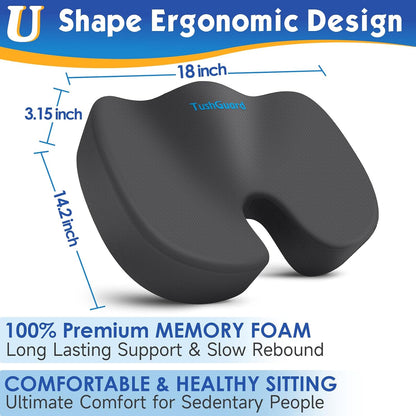 TushGuard Seat Cushion for Office Chair, Car, Memory Foam, Black Large | For Back, Coccyx, Sciatica, Tailbone Pain, Ergonomic Design, Non-Slip, Desk Wheelchair Use, Supportive Butt Pillow, For Man
