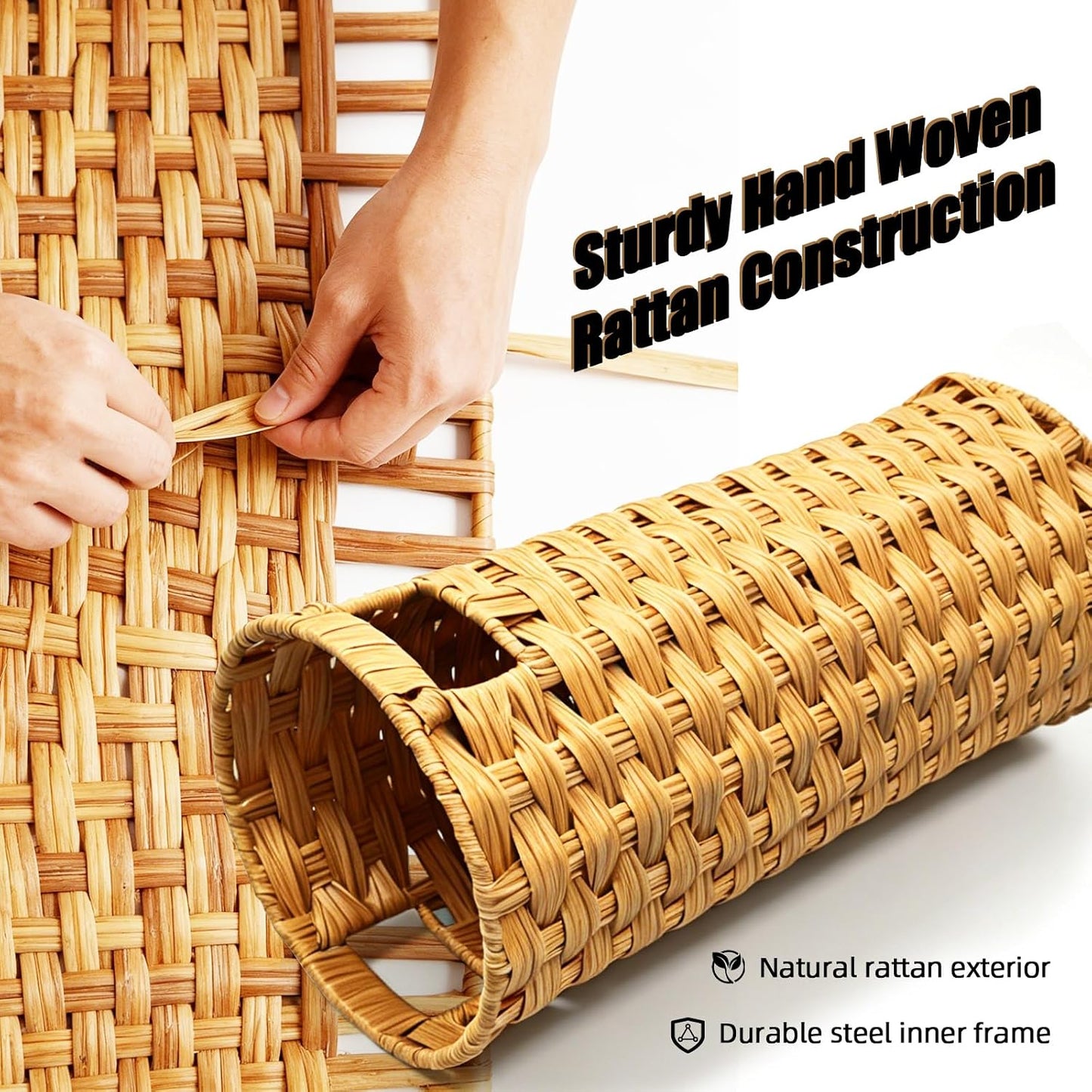 Rattan Umbrella Stand with Drip Tray - Hand Woven Entryway Umbrella Holder | Freestanding Small Rattan Rack Organizer with 4 Hooks for Folding Umbrellas & Canes, 7.5"L x 7.5"W x 16.5"H