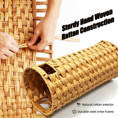 Rattan Umbrella Stand with Drip Tray - Hand Woven Entryway Umbrella Holder | Freestanding Small Rattan Rack Organizer with 4 Hooks for Folding Umbrellas & Canes, 7.5"L x 7.5"W x 16.5"H