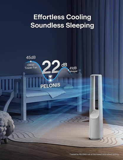 PELONIS 40" 90° Oscillation Bladeless Fan for Bedroom with Remote, White | Bladeless Cooling Tower Fan with 6 Speeds, 4 Modes, 26 ft/s, Brushless DC Motor, Quiet 22dB, 7-Hr Timer for Home, Office Use
