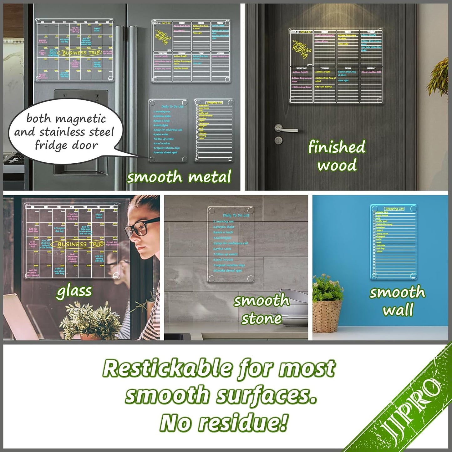 JJPRO Non-Magnetic Dry Erase Calendar for Fridge, Monthly Calendar, Weekly Planning Board Bundle for All Smooth Surfaces. Clear Reusable Calendar Stick to Fridge,Cabinet,Door&Glass