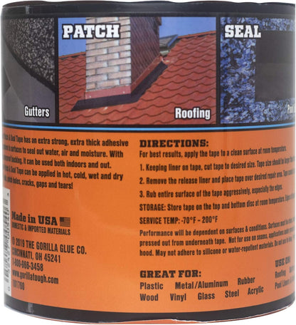 GORILLA Waterproofing Tape, Permanent, Black, 4" x 10', 1-Pack | Weather Resistant Seal for Leaks & Repairs, Air & Moisture Barrier, Bonds Metal, Plastic, Wood, Rubber & Vinyl