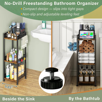Bathroom Organizers and Storage Shelf with Toilet Paper Holder | 3-Tier freestanding 9.85″ narrow bathroom storage rack, With 3-compartment basket, hooks and non-slip feet, Rustic farmhouse