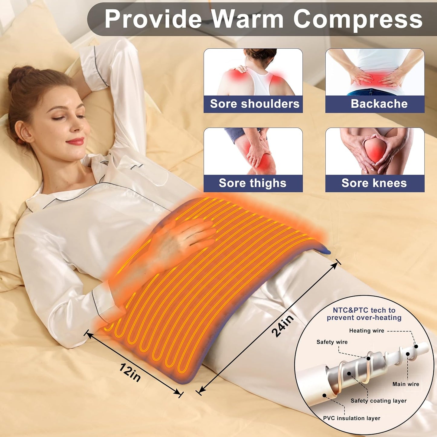 Heating Pad Electric Heat Pad, Hot Heated Pad,Multiple Temp and Timer Settings,Suitable for Shoulders, Neck, arms, Abdomen, Back, Legs, etc. (Gray Green, 24"X12")