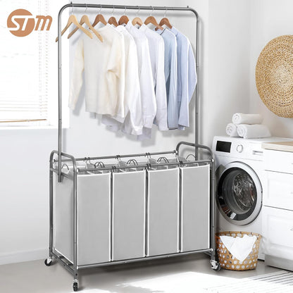 STORAGE MANIAC Laundry Sorter with Hanging Bar, Portable, Removable Laundry Hamper Cart with Heavy Duty Lockable Wheels and Removable Bags, Rolling Laundry Basket Organizer 181L, 4 Section Gray