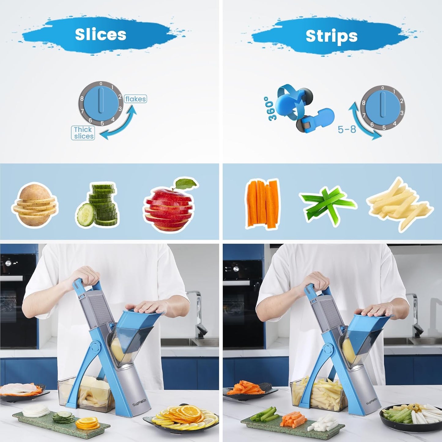 SupMaKin Safe Mandoline Slicer Plus for Kitchen Adjustable Vegetable Slicer | 0.1-8mm, Cut Resistant Stainless Steel Blades,Potato Fry Cutter, Onion Chopper, Detachable,Foldable Dishwasher Safe, Gifts