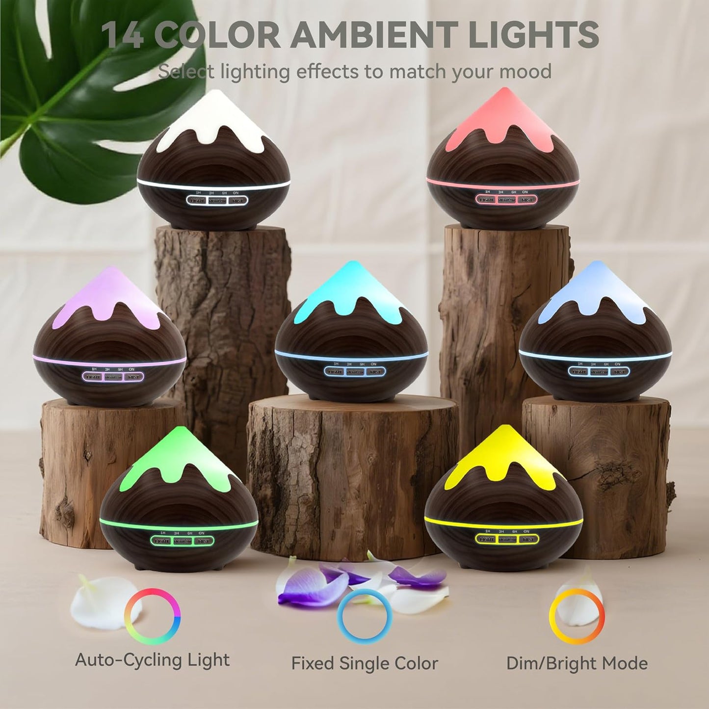 500ML Essential Oil Diffuser, Aromatherapy Diffuser with Remote Control, Multifunctional Air Diffusers for Home Office Room, Fragrance Aroma Diffuser with 7 Color LED & 2 Mist Mode, Brown
