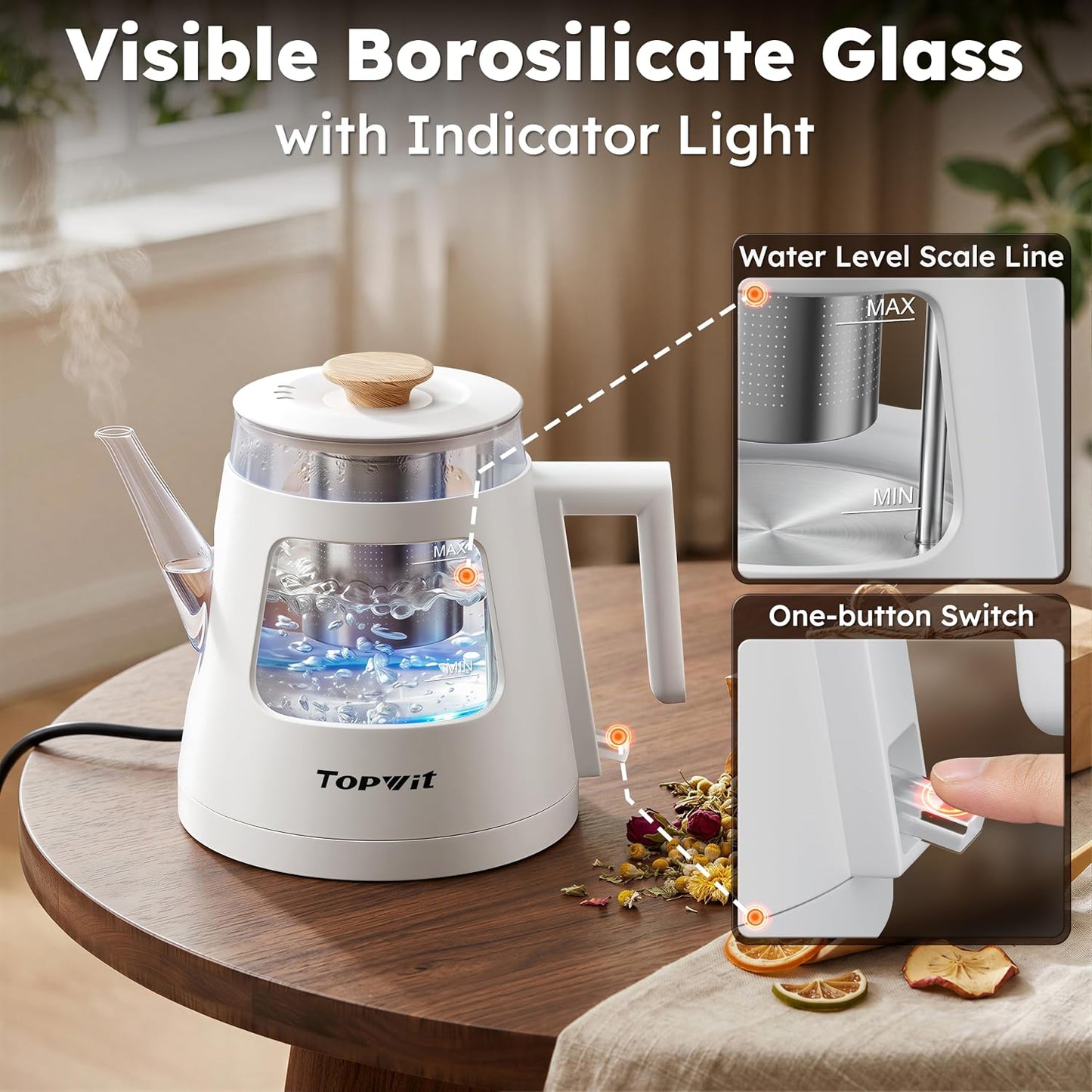 TOPWIT 2.0L Glass Electric Kettle, Hot Water Boiler, BPA-Free | Stainless Steel Bottom & Lid, Fast Boil, Auto Shut-Off & Boil-Dry Protection, No Plastic Odor | for Tea, Coffee, Home, Office
