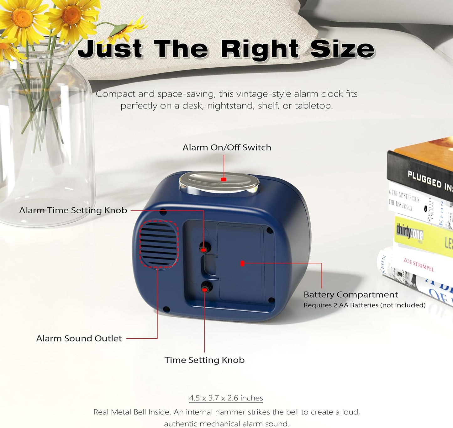 AYRELY® 4.5" Loud Analog Alarm Clock for Heavy Sleepers, 100 dB Alarm Sound | Mechanical Bell, Silent Quartz Desk Clock and Table Clock with 10-Second Night Light, Luminous Hands for Bedroom and Bedside