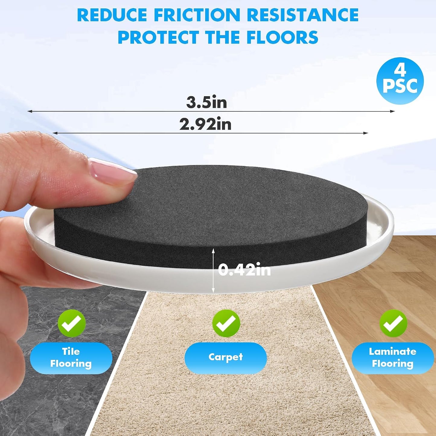 Furniture Lifter Tool + 8-Pack of 3.5" Sliders, Save 80% Effort, Safely and Easily, The Lift and Glide Tool Set for Heavy Furniture and Appliances, Reusable Moving Pads, Floor Protectors for Carpet