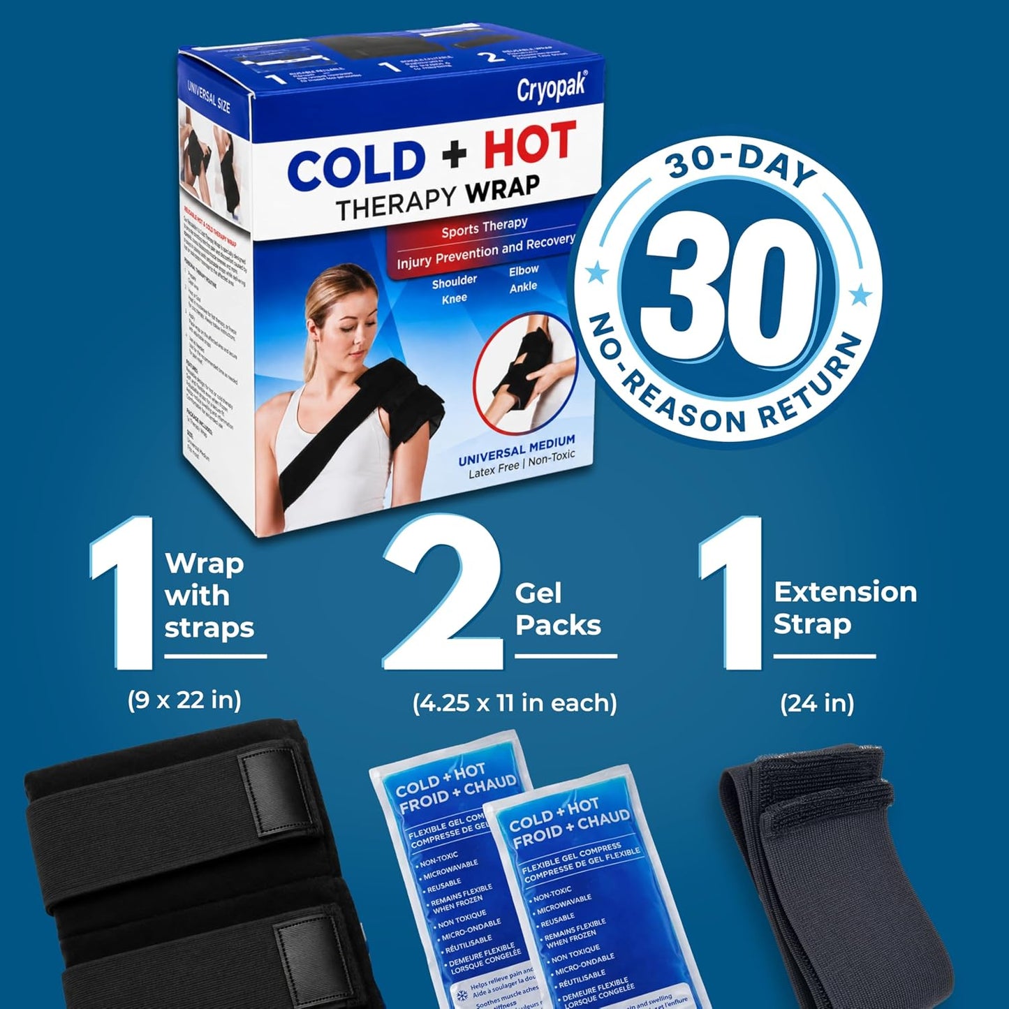 Cold and Hot Therapy Wrap, Black, Latex-Free, Non-Toxic, for Back, Abdomen, Hip, Sports Injury Prevention, Recovery (Back/Abdomen). kit Includes Flexible Gel Compress, Sleeve and Strap.