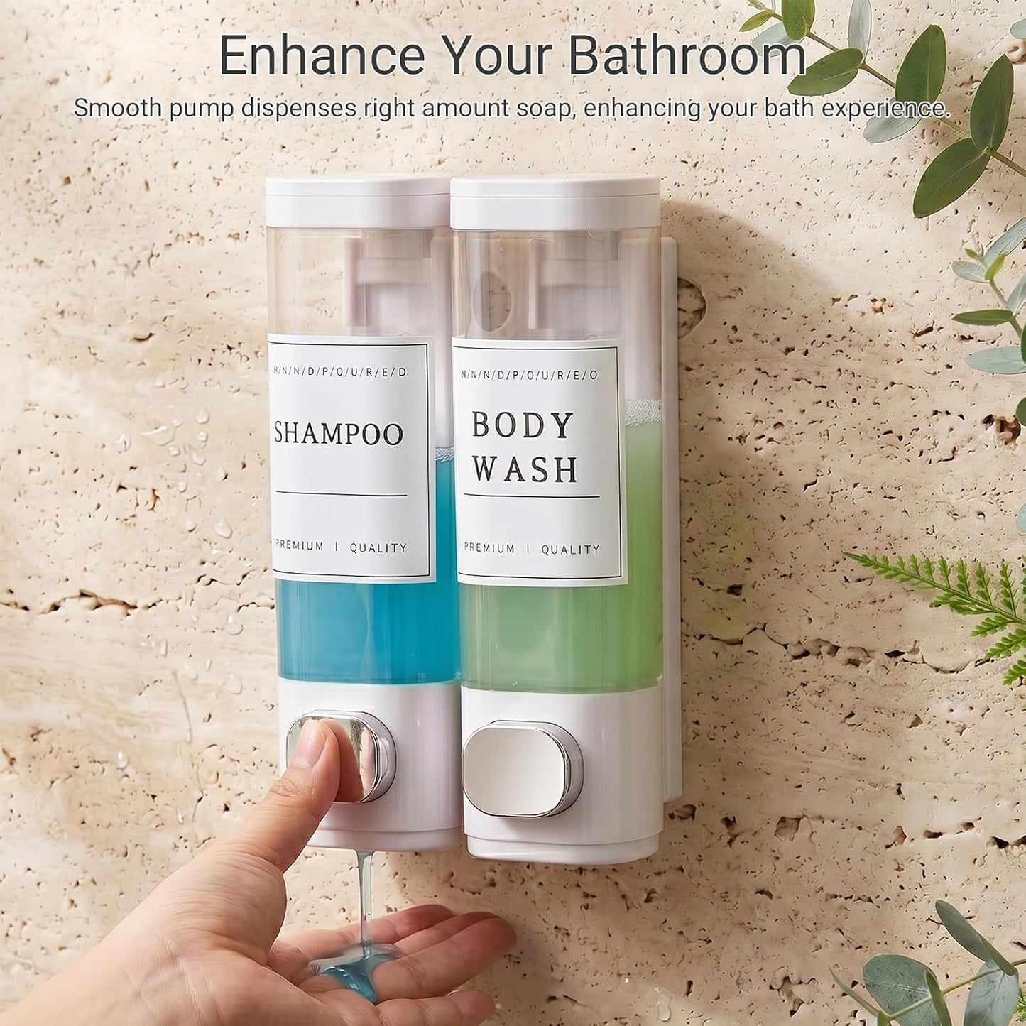 Shampoo and Conditioner Dispenser, Shower Soap Dispenser Wall Mounted, Shampoo Dispenser for Shower Wall No Drill, Bathroom Body Wash Dispenser 2 * 350ml White 2 Chamber