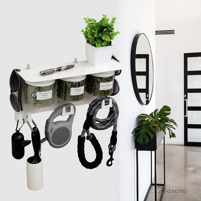 Dog Leash Holder for Wall with Shelf — Wall Mounted Dog Treat Holder & Station, 2 Airtight 32oz Treat Containers, 9 Hooks, Patented Lidless Slide-to-Seal Jars, Solid Steel, Made in USA