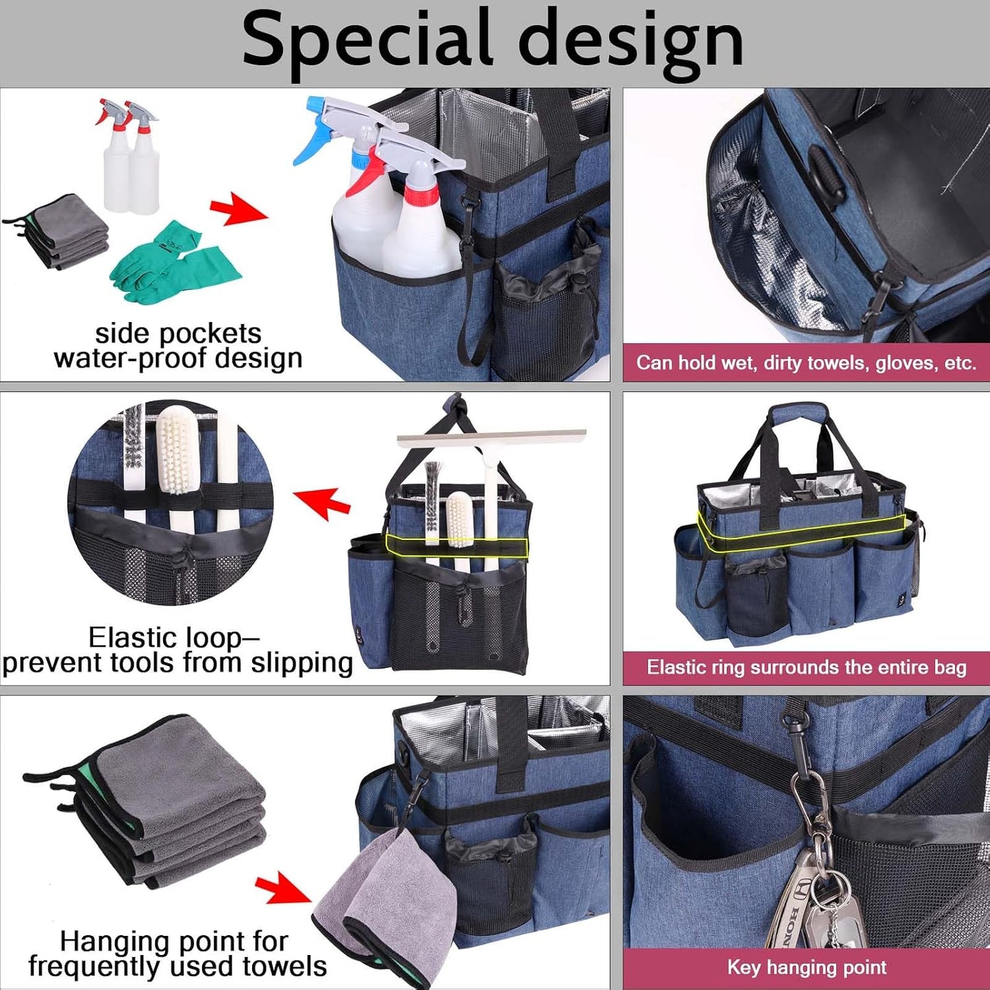 Large Cleaning Caddy Bag Built-in hard plastic sheet Aluminum foil lining | Waterproof nylon, aluminum foil lining, detachable dividers, dual straps for housekeepers