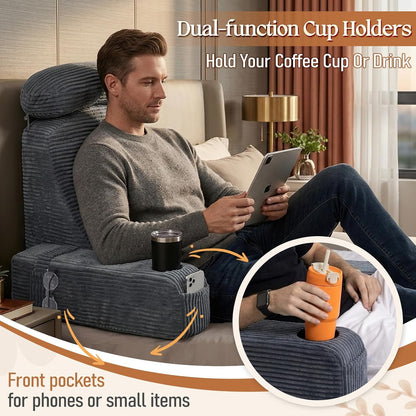 Reading Pillow/Backrest Pillow with Arms, Cup Holder & Phone Pocket