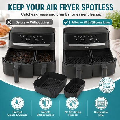 Szyeequoo Silicone Air Fryer Liners 2 Pack for Ninja Dual Zone, 1 Perforated and 1 Solid, Rectangle Reusable Liners for DZ201 DZ401 DZ550 DZ302, COSORI 9QT Instant Chefman Dual Basket Air Fryers