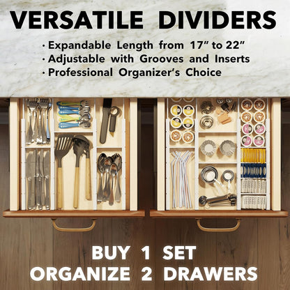 SpaceAid Bamboo Drawer Dividers with Inserts and Labels, Kitchen Adjustable Drawer Organizers, Expandable Organization for Home, Office, Dressers, 4 Dividers with 9 Inserts (17"-22" Natural)