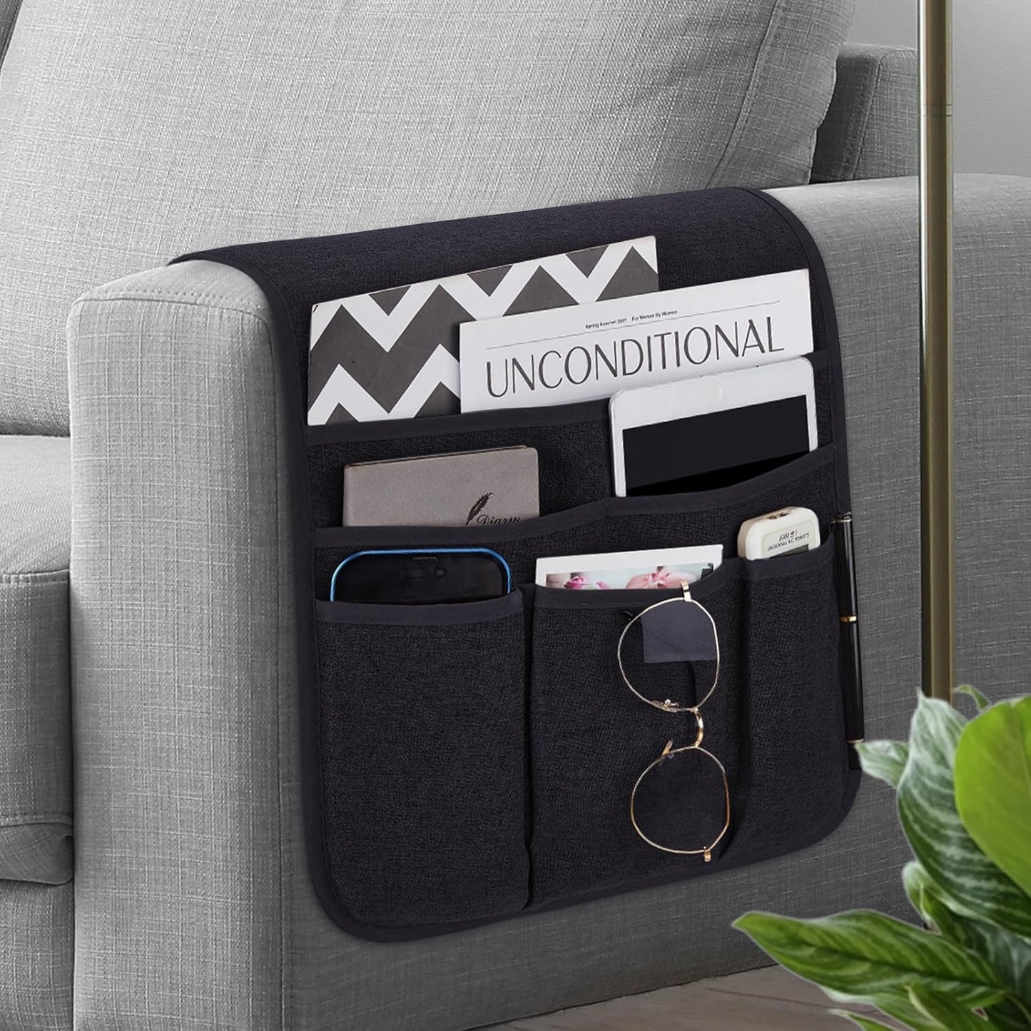 Teniux Remote Control Holder GRS Certified Armchair Caddy for Recliner Couch, Recycled Material Non-Slip Armrest Organizer with 5 Pockets for Magazine, Tablet, Phone, iPad (Dark Grey)