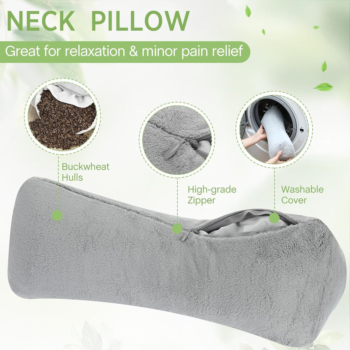 DoubleFill 2 Pcs Buckwheat Neck Pillow Adjustable, Gray, Plush