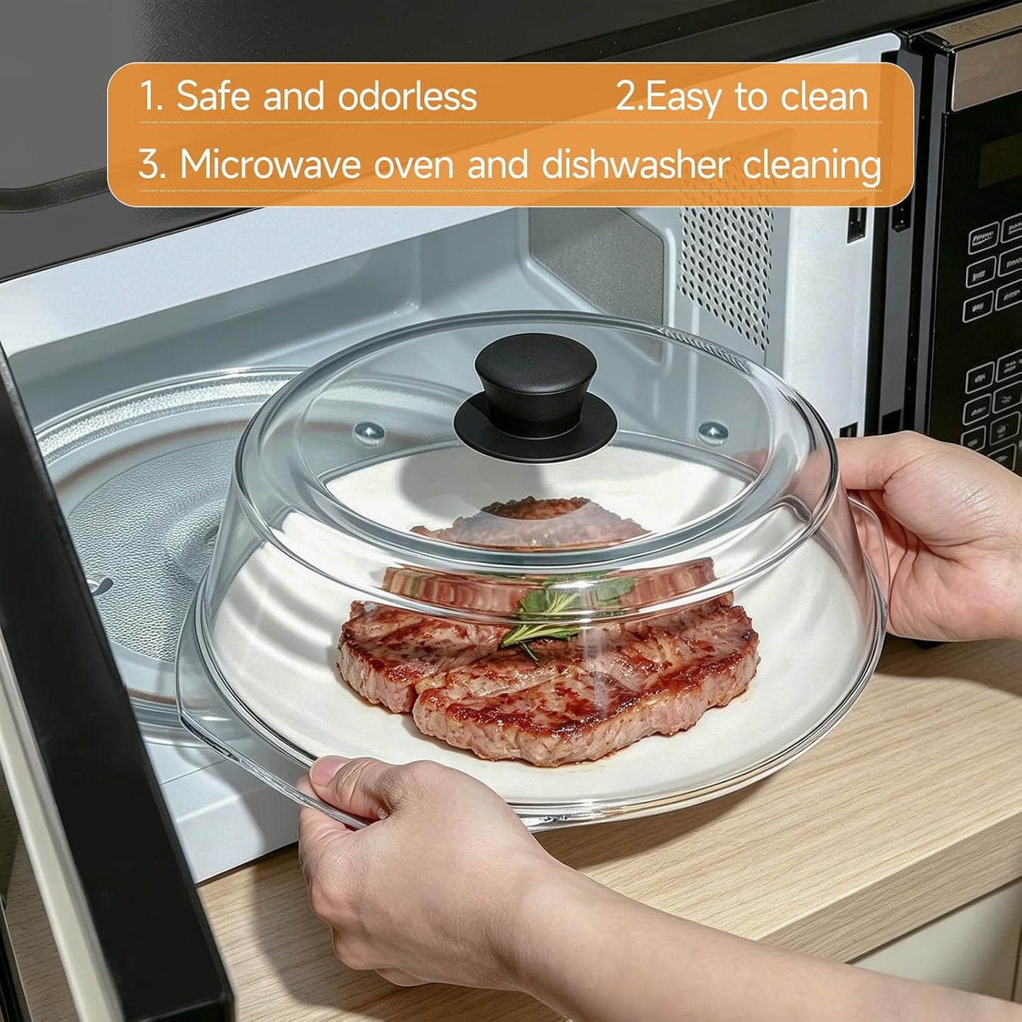 10" Tall Glass Microwave Splatter Cover with Silicone Handle, Borosilicate Glass Microwave Cover for Food, 2 Steam Vents, Dishwasher Safe & BPA-Free