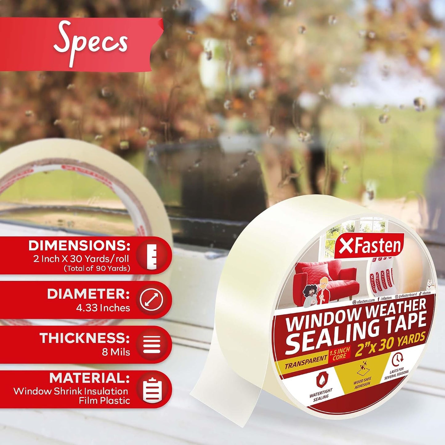 XFasten Window Tape for Winter 2-Inch x 30-Yards 1.5” Core, Residue-Free Window Weather Sealing Tape for Winter, Draft Stopper and Insulation for Weather Stripping