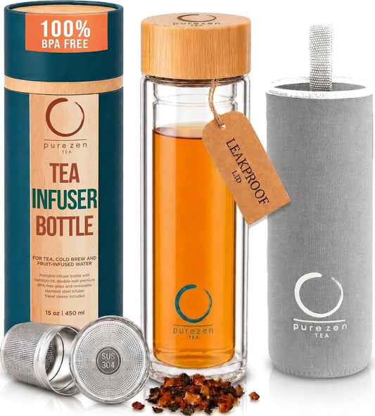 Pure Zen Tea Glass Tea Infuser Bottle, Leakproof, Tea Tumbler with Infuser | 15oz, Double Wall, Travel Sleeve, Extra-fine Stainless Steel Filter, Bamboo Lid, Gift-ready Packaging, Extra-thick Glass
