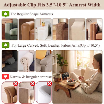 Couch Armrest Table, Acacia Wood Sofa Arm Tray with 360° Rotating Phone & Cup Holder, Clip-On Arm Rest Table for Couch, Anti-Slip Armrest Tray for Snacks & Drinks, 15.4" x 9.8"