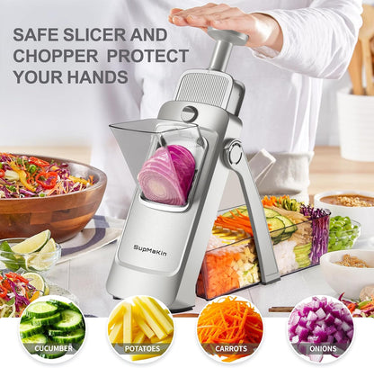 SupMaKin Safe Mandoline Slicer for Kitchen,Adjustable Potato Slicer 1-8 mm | 4 Modes Slice, Strips,Julienne Dicer,Vegetables Slicer Fry Food Cutter,Stainless Steel Blades, Foldable Dishwasher Safe,Gifts
