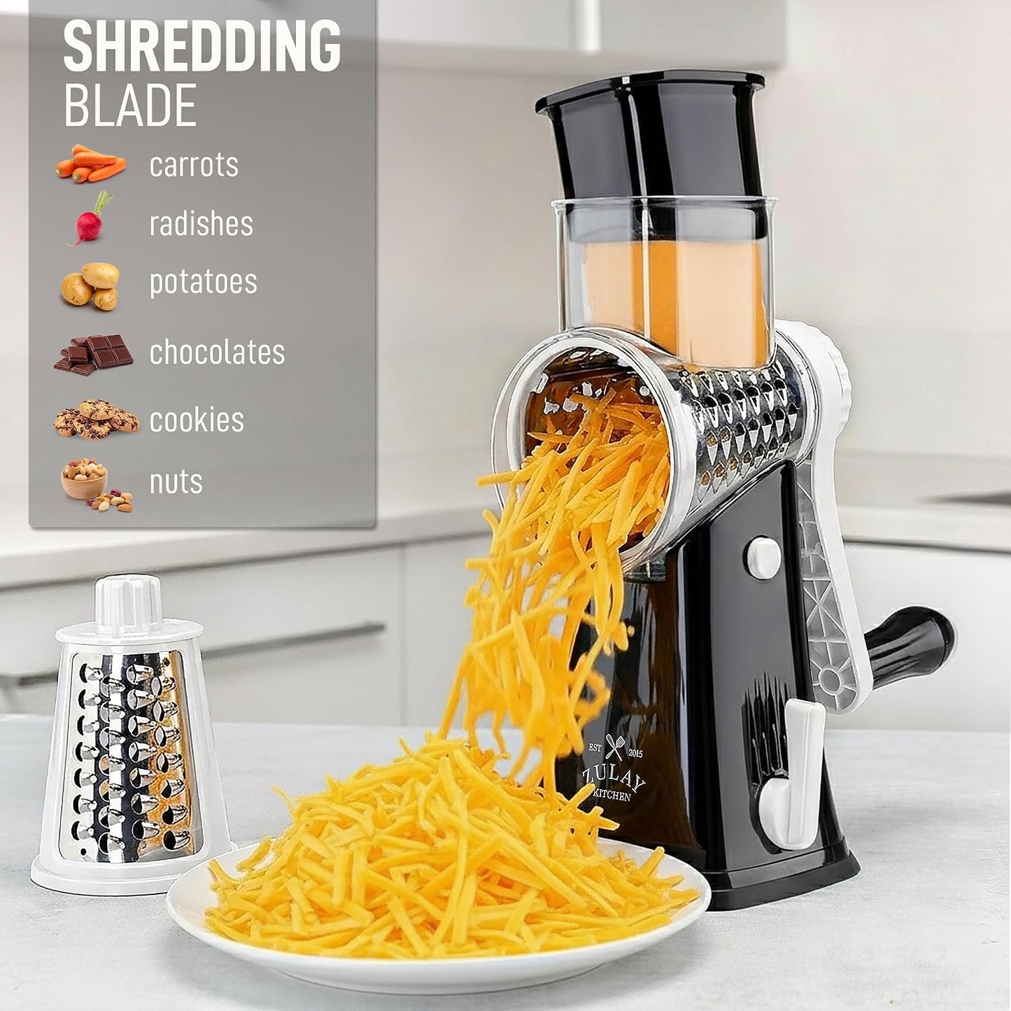 Zulay Kitchen Rotary Cheese Grater 5 Blade Cheese Shredder - Manual Hand Crank Cheese Grater With Reinforced Suction & 5 Interchangeable Drums - Easy to Use, Vegetable Chopper Round Mandoline Slicer - Colors B