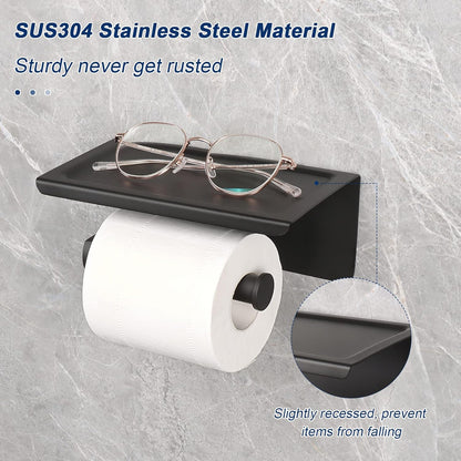 NearMoon Toilet Paper Holder with Shelf, Heavy Duty Bath Toilet Roll Holder with Phone Shelf Tissue Hanger for Bathroom/Kitchen No Drill or Wall Mounted(304 Stainless Steel, Brushed Gold)