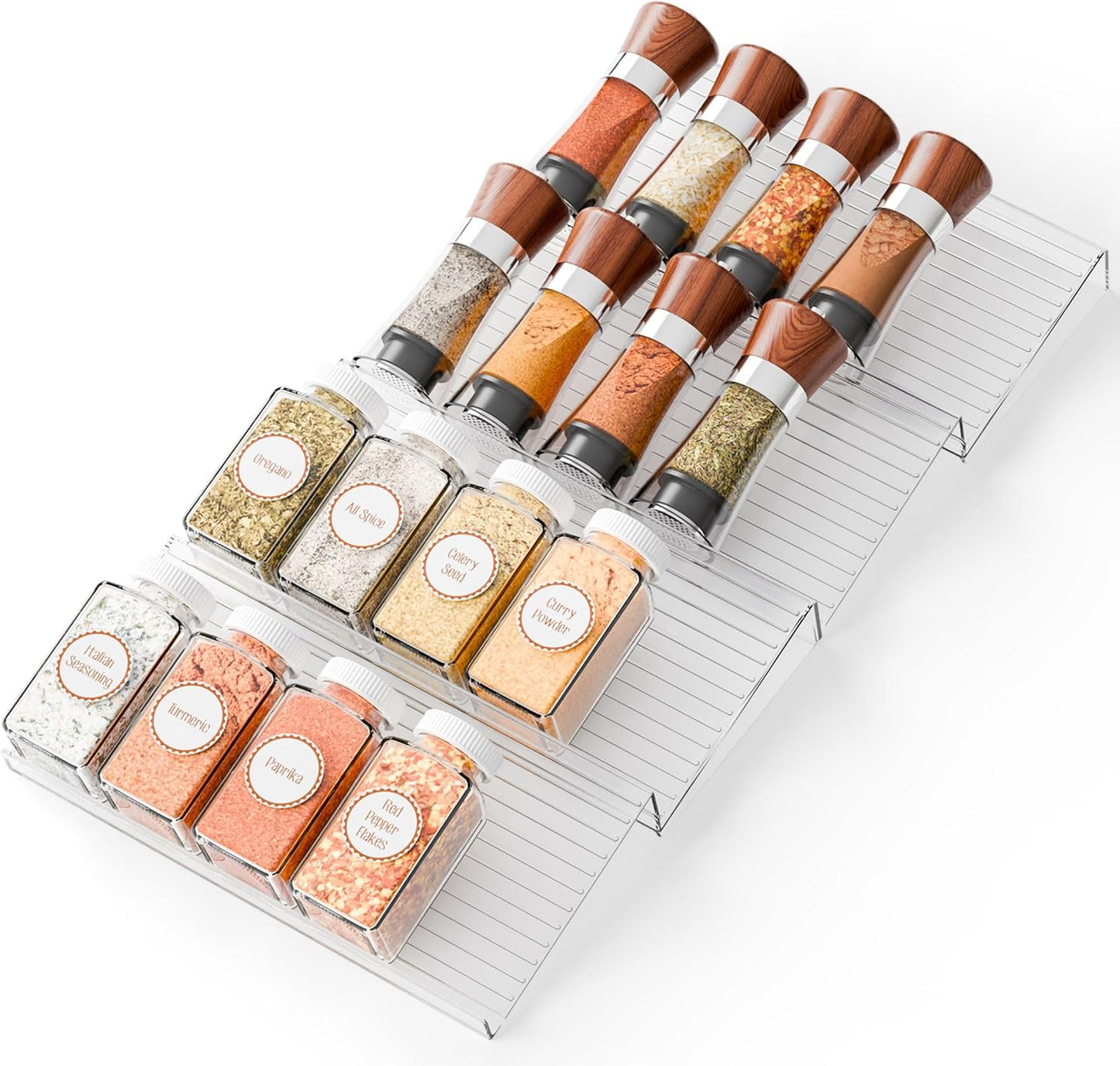 4 Pack Adjustable Narrow Spice Rack for Drawer - Expandable From 9" to 17.7" - Acrylic Drawer Seasoning Organizer,Tiered Clear Spice Tray for Spices,Condiment,Nail Polish and Jar Organization