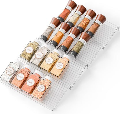 4 Pack Adjustable Narrow Spice Rack for Drawer - Expandable From 9" to 17.7" - Acrylic Drawer Seasoning Organizer,Tiered Clear Spice Tray for Spices,Condiment,Nail Polish and Jar Organization