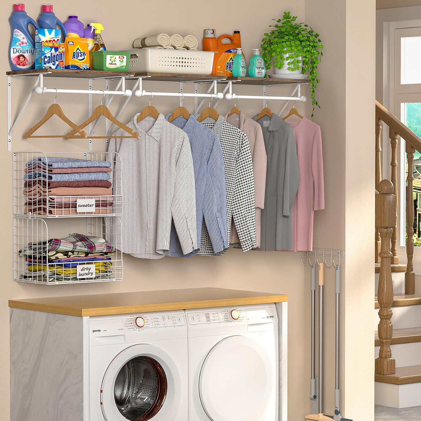 Laundry Room Shelves Wall Mounted with Wire Baskets, Over the Washer and Dryer Shelf with Clothes Drying Rack, Wire Shelves Baskets for Laundry Closet Organization and Storage, Wood+Metal, Black