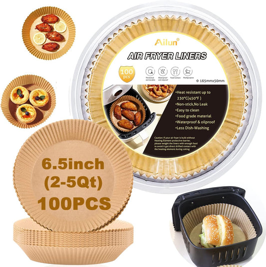 Ailun 100PCS Air Fryer Paper Liners 8 Inch,for 5-8 QT Air Fryer | Oil Resistant, Disposable Food Grade, Free of Bleach Paper, Round, Non-Stick Parchment Paper, Baking, Roasting, Microwave