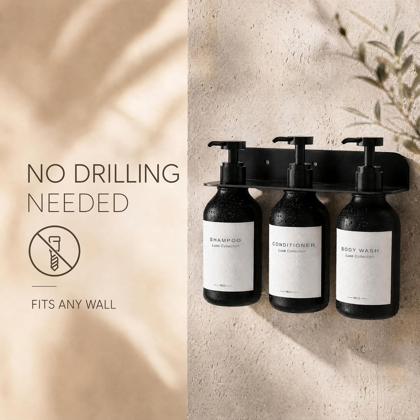 Refillable Shampoo and Conditioner Shower Dispenser Set of 3 - Wall Mounted | 3 Chamber Dispensers for Bathroom. No Drill Pump with Bottles for Soap and Body Wash. Matte Black Bottle with Labels (16oz)