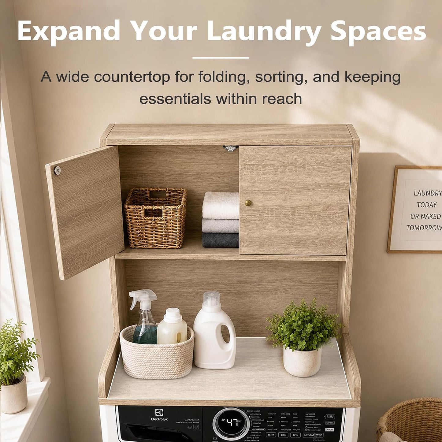 Laundry Storage & Organization (Oak) | Washer and Dryer Topper with Edge, Over Washer and Dryer Shelves for Laundry Room, Universal Fit, 27.5"Wx27.5"Dx29"H