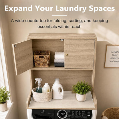 Laundry Storage & Organization (Oak) | Washer and Dryer Topper with Edge, Over Washer and Dryer Shelves for Laundry Room, Universal Fit, 27.5"Wx27.5"Dx29"H