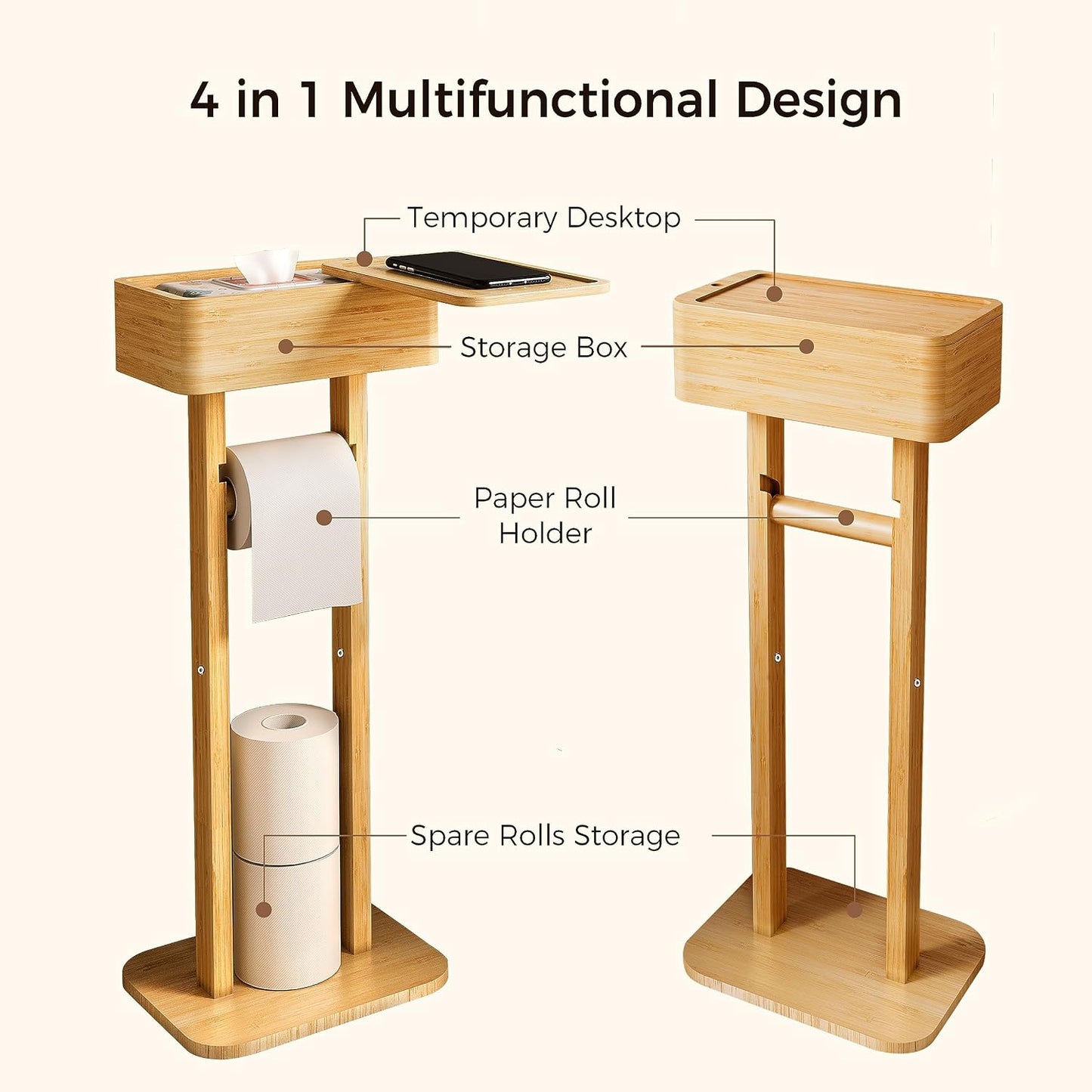4-in-1 Black Toilet Paper Holder Stand with Storage Shelf Box, 360° Rotating Bamboo Free Standing Toilet Tissue Roll, Toilet Wipes Dispenser Organizer, Temporary Desktop for Bathroom (Patent) | 360° Rotating Bamboo Free Standing Toilet Tissue Roll,