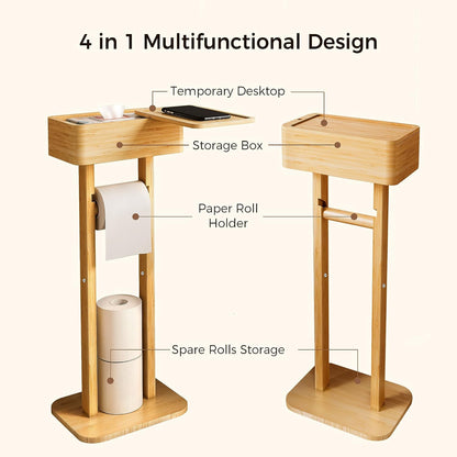 4-in-1 Black Toilet Paper Holder Stand with Storage Shelf Box, 360° Rotating Bamboo Free Standing Toilet Tissue Roll, Toilet Wipes Dispenser Organizer, Temporary Desktop for Bathroom (Patent) | 360° Rotating Bamboo Free Standing Toilet Tissue Roll,