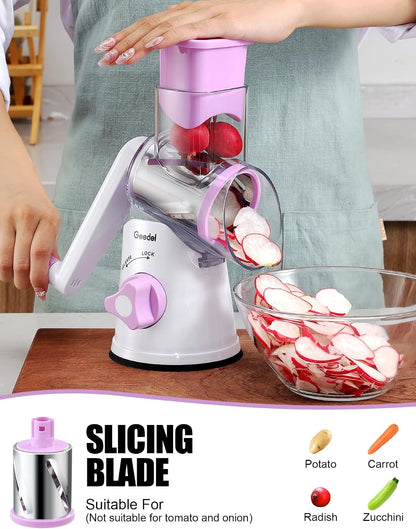 Geedel Rotary Cheese Grater, Kitchen Mandoline Vegetable Slicer with 3 Interchangeable Blades, Easy to Clean Rotary Grater Slicer for Fruit, Vegetables, Nuts | 3 Blades, 430 Stainless Steel, 12x Fast Cutting, Strong Suction Base, No BPA, Dishwasher Safe,