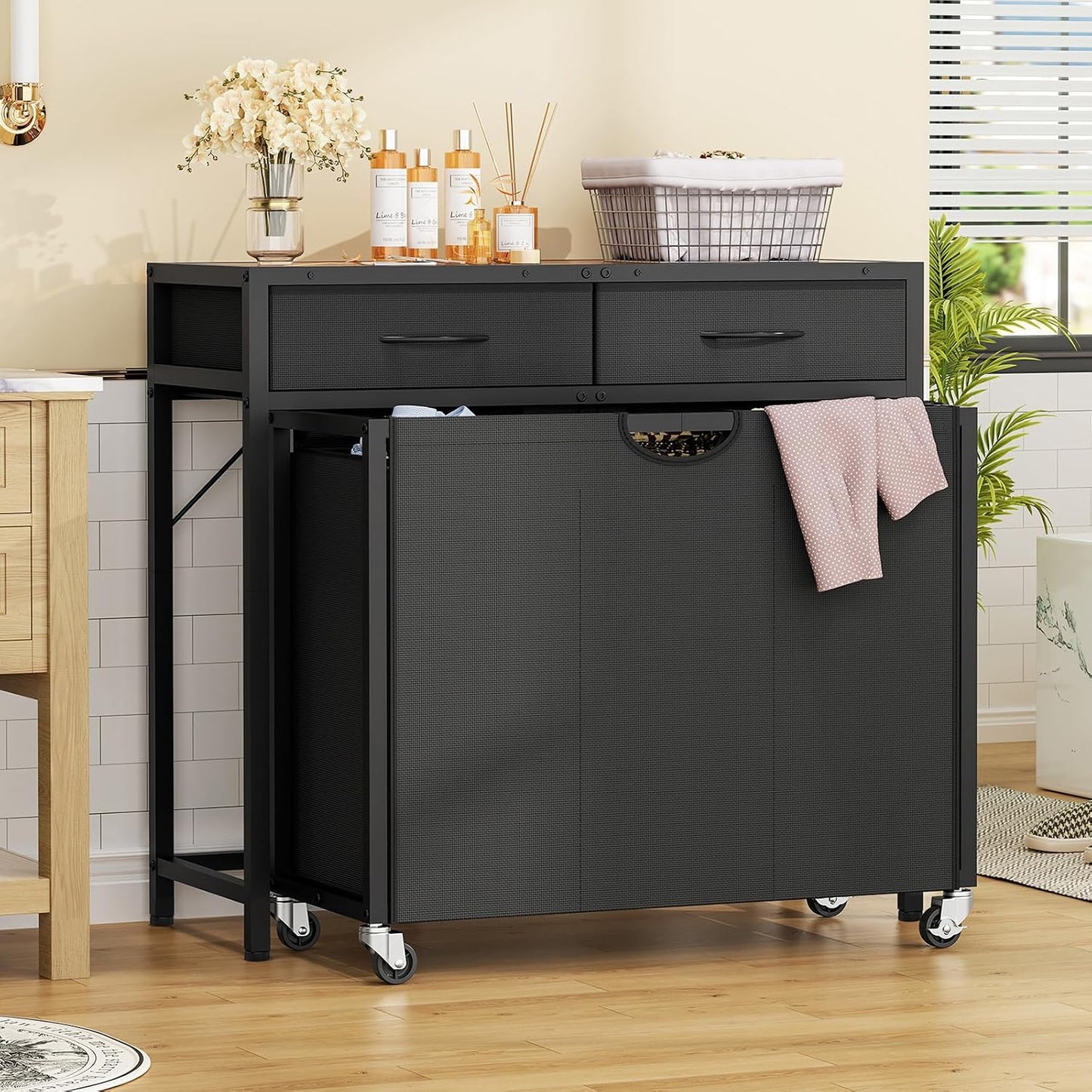Laundry Sorter, Rolling Laundry Hamper with 3 Section Pull-Out Bags, Laundry Basket Organizer with 2 Drawers & 2-Tone Top Panel, Laundry Hamper with Wheels for Laundry Room Organization, Bathroom