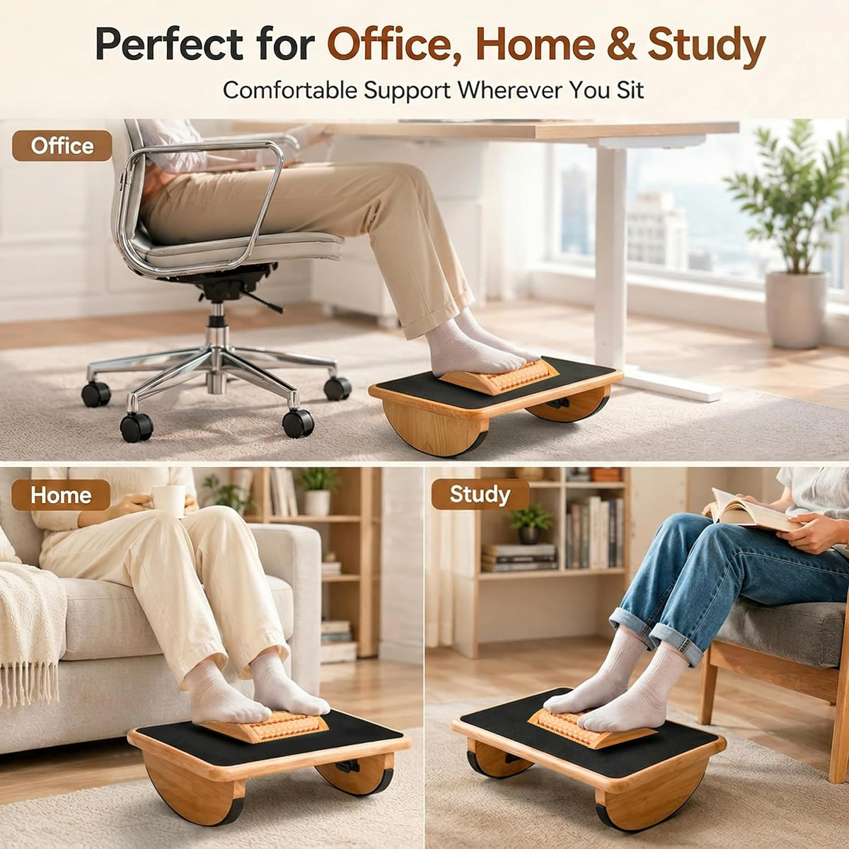 Foldable Under Desk Foot Rest, Wooden Rocking Footrest with 4 Massage Rollers, Natural Rubber Wood Ergonomic Foot Stool with Silicone Anti-Slip Surface, Office Home Study Footrest for Post
